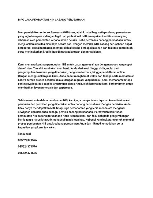 085624371576, Layanan pembuatan NIB cabang perusahaan