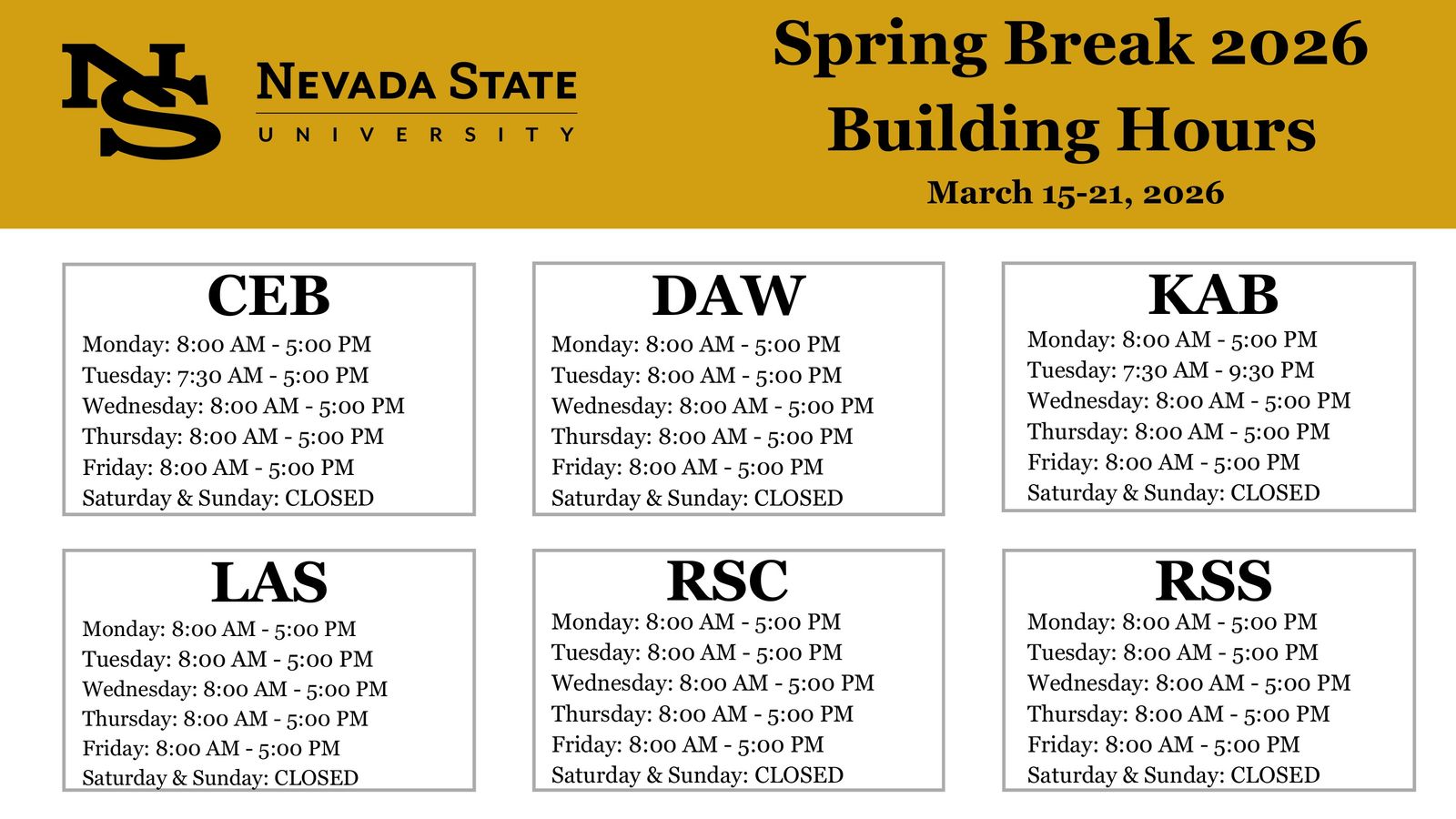 Spring Break 2026 Building Hours by Nevada State... - Flipsnack