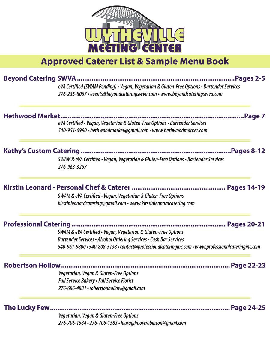 Approved Caterer Sample Menu Flipbook by Wytheville CVB - Flipsnack