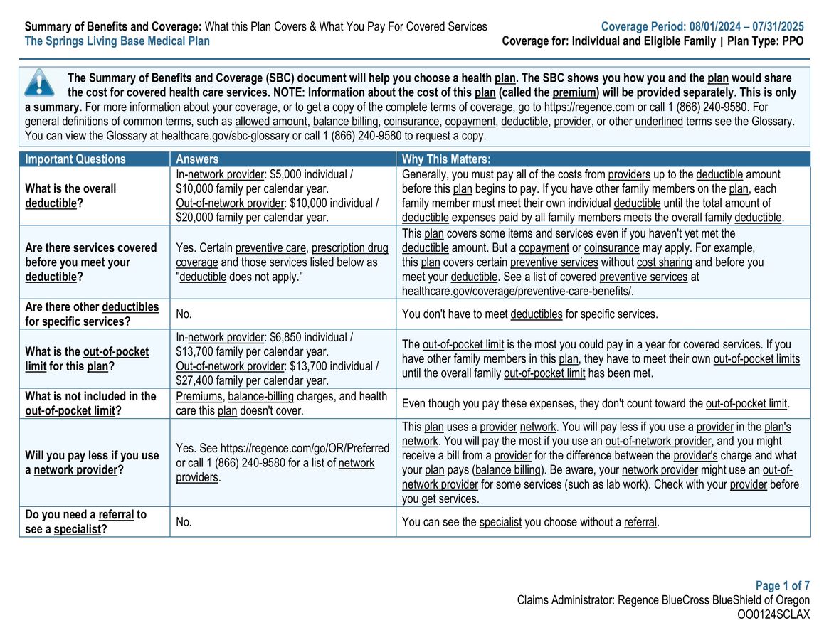 Medical Base Plan Benefit Summary by The Springs Living - Flipsnack
