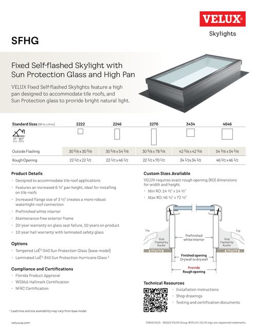 Fixed Self-flashed Skylight with High Pan - SFHG