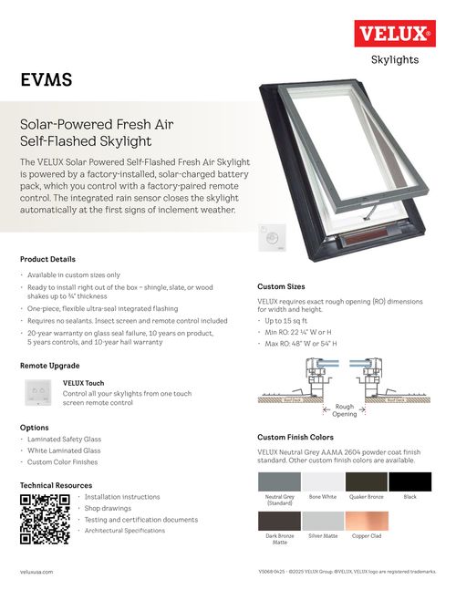 Solar Powered Self-Flashed Fresh Air Skylight - EVMS
