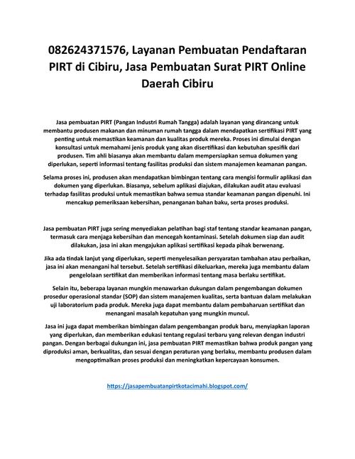 082624371576, Layanan Pembuatan Pendaftaran PIRT di Cibiru