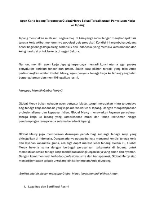 Agen Kerja Jepang Terpercaya