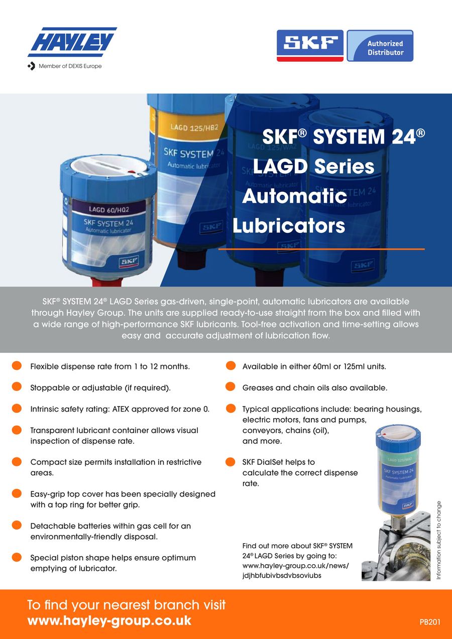 SKF SYSTEM 24 LAGD Series Automatic Lubricators by Hayley Group