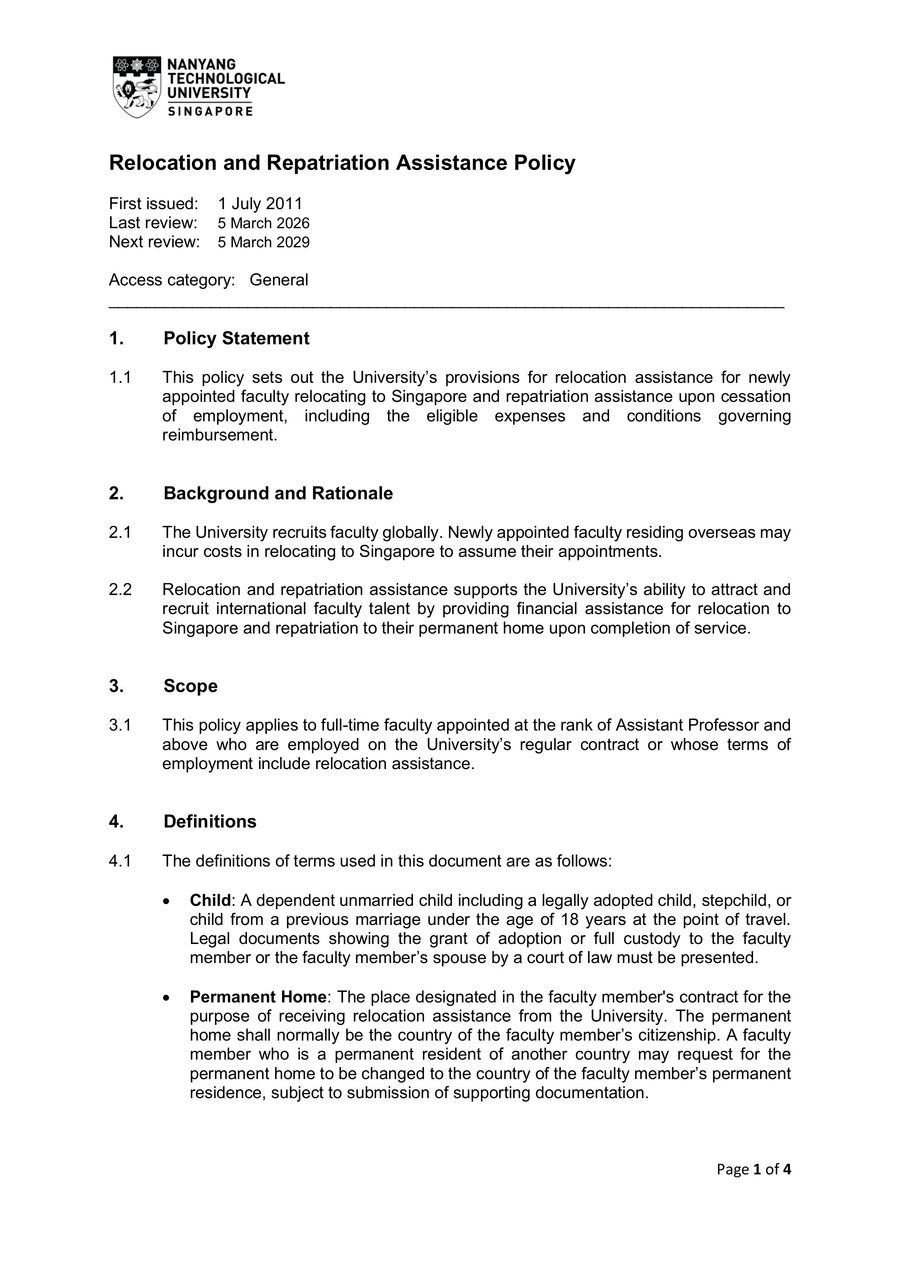 Relocation and Repatriation Assistance Policy by NTU